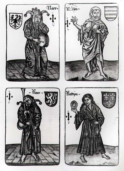 Cartes à jouer représentant le Fou dans divers costumes - German School