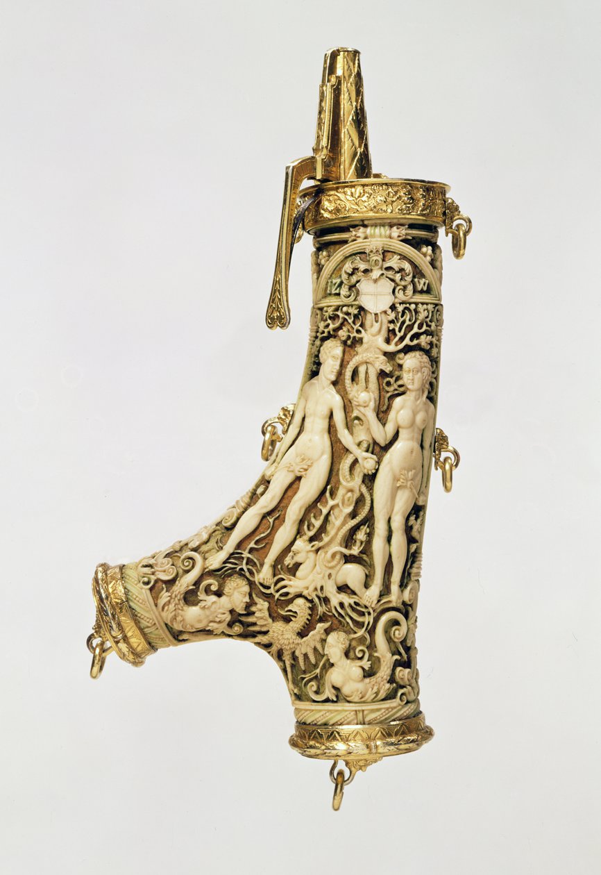 Fiole à poudre (corne de cerf, argent doré et ivoire) - German School