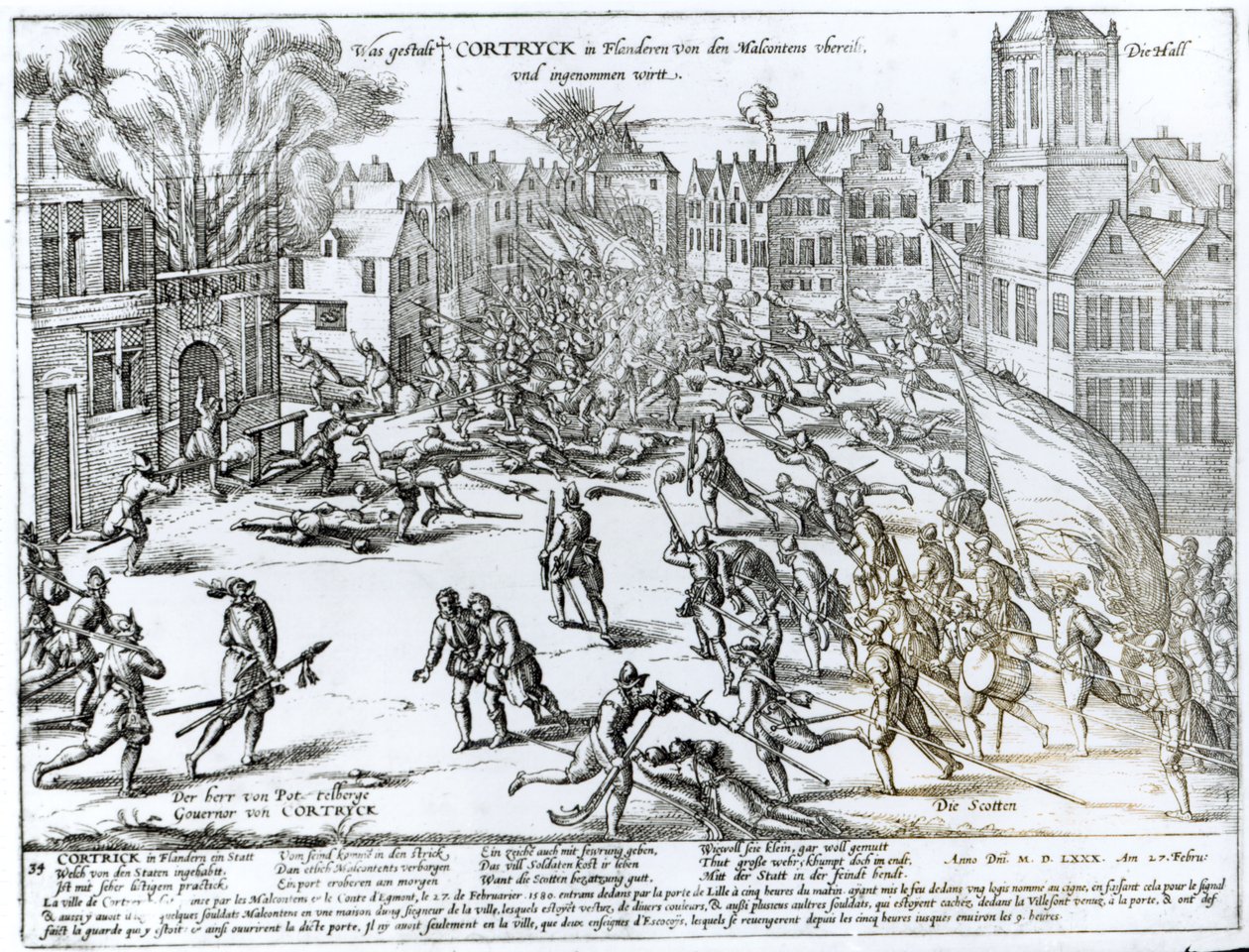 La bataille de Courtrai entre les Français et les Flamands, 1580 - German School