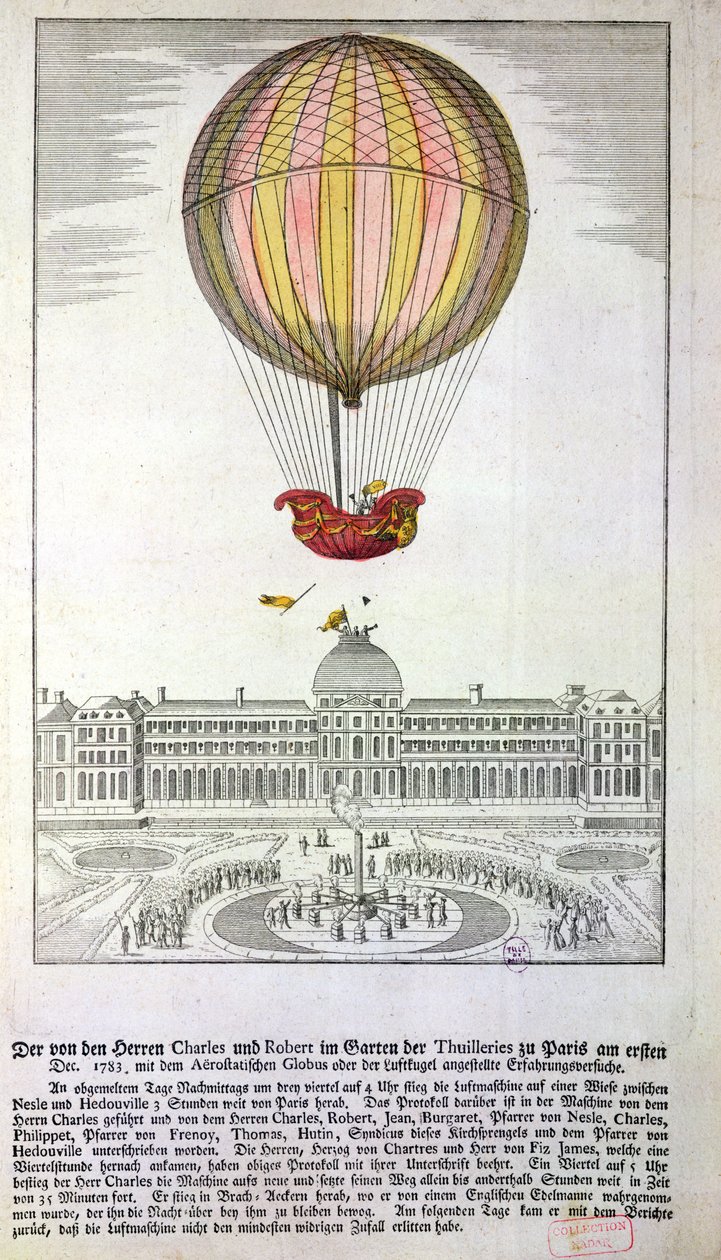 La fuite de Jacques Charles (1746-1823) et Nicholas Robert (1761-1828) du Jardin des Tuileries, 1er décembre 1783 - German School