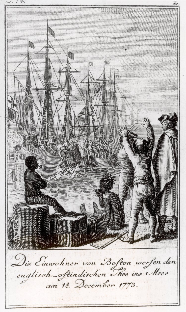 Les habitants de Boston jettent du thé anglais-indien dans la mer, 18 décembre 1773 - German School