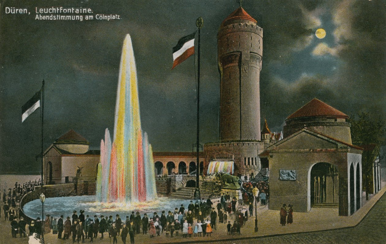 Duren, Leuchtfontaine, ambiance du soir sur la place Coln. Carte postale envoyée le 20 mars 1913. - German Photographer