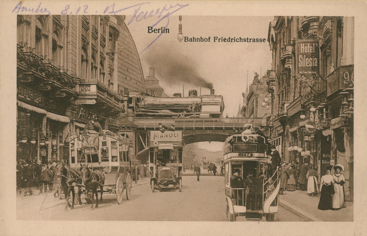 Carte postale de la gare de Friedrichstrasse, Berlin, envoyée en 1913 (photo n/b) - German Photographer