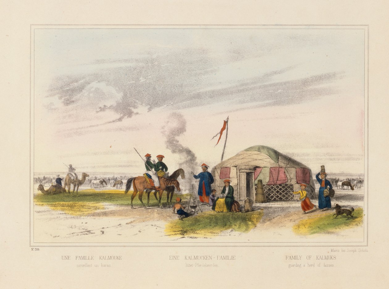 Une famille kalmouke (mongole occidentale) gardant des chevaux, feuille illustrée publiée par Joseph Scholz, Mayence, vers 1860 - German School