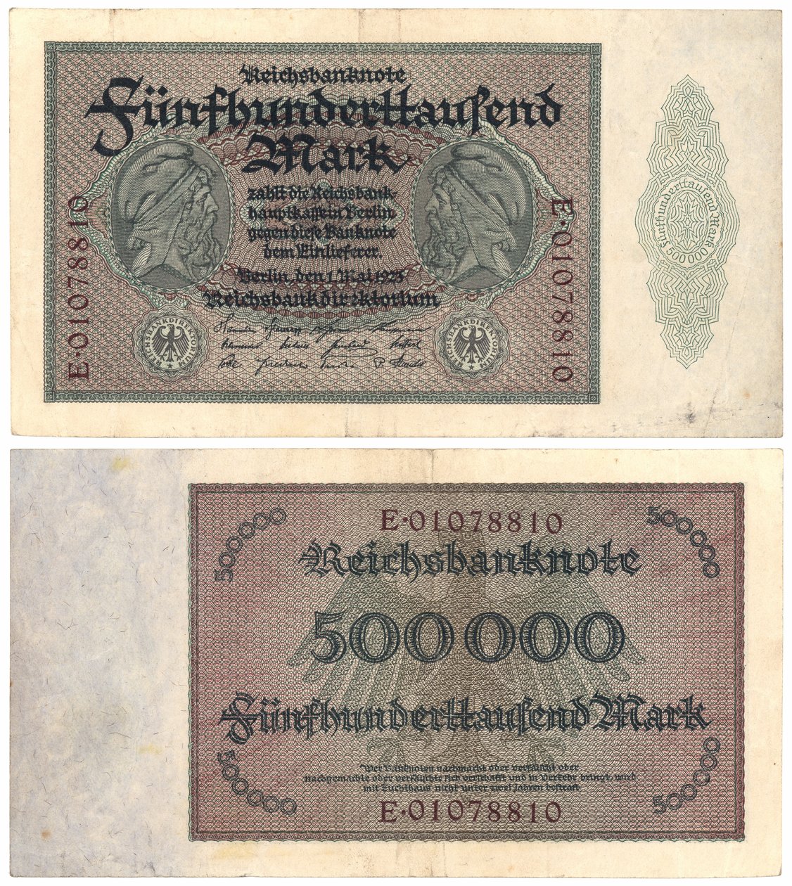 Un billet de cinq cent mille marks, 1923 (recto et verso) - German School