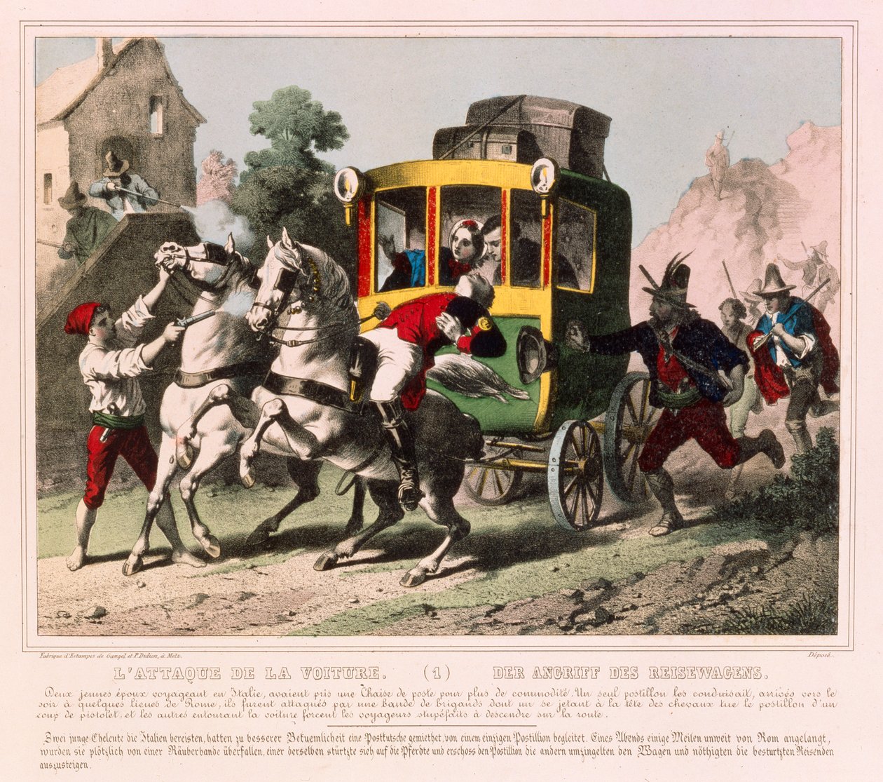 Un couple en lune de miel attaqué par des bandits de grand chemin en Italie, feuille illustrée publiée par Gangel & P. Didion, Metz, vers 1850 - German School