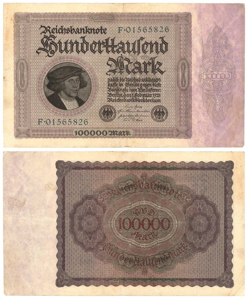 Un billet de cent mille marks, 1923 (recto et verso) - German School