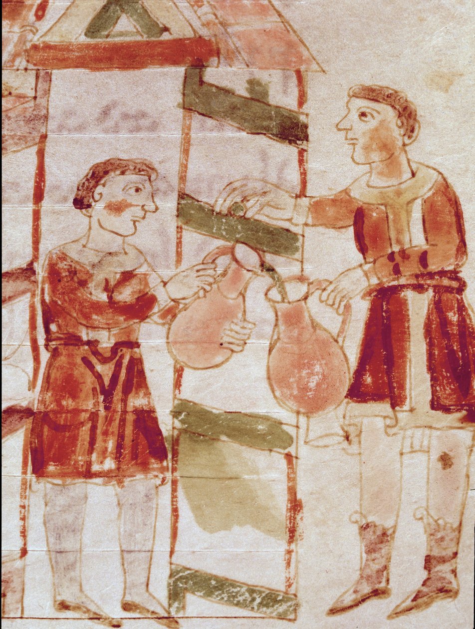 Un marchand de vin miniature tiré du volume « De tabernae », manuscrit « De Universo » (ou De rerum naturis) - German School