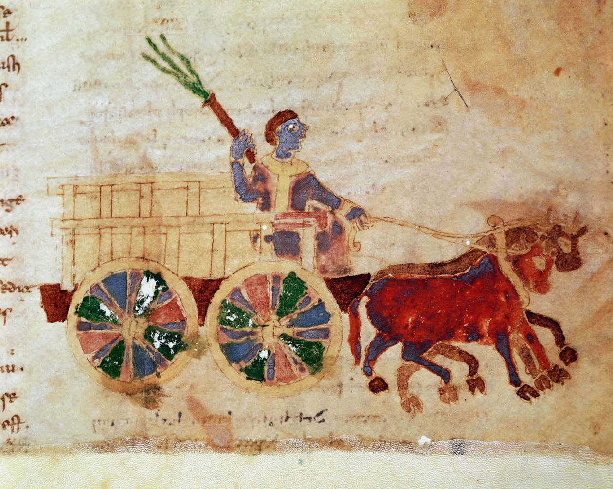 Un paysan sur une charrette miniature du manuscrit "De Universo" (ou De rerum naturis) par Raban Maur - German School