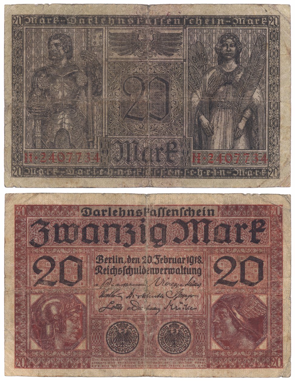 Un billet de vingt marks, 1918 (recto et verso) - German School