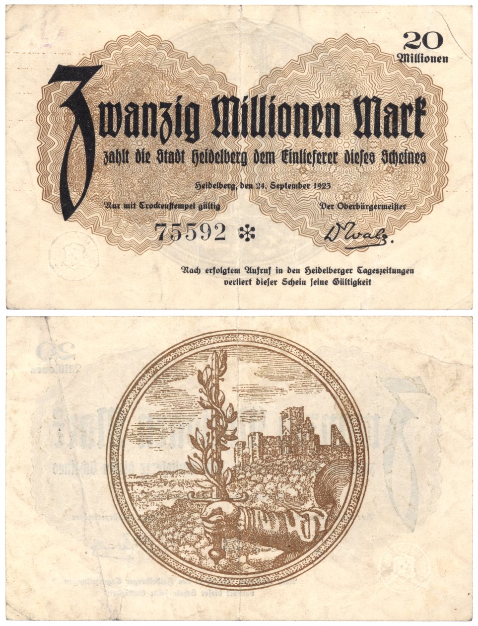 Un billet de vingt millions de marks, 1923 (recto et verso) - German School