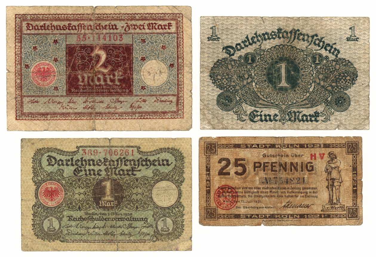 Un billet de deux marks, deux billets de un mark et un billet de vingt-cinq pfennig, 1920-21 - German School