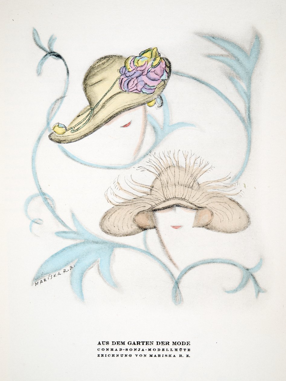 Publicité pour les chapeaux de Conrad Sonja, tirée de Styl, publié en 1922 (impression sur pochoir) - German School