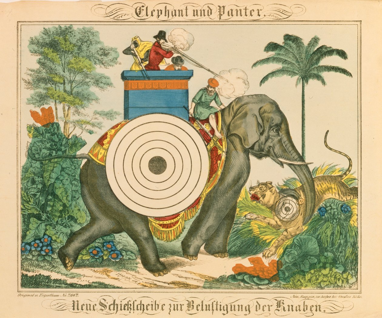 Un éléphant et une panthère avec des cibles, de Neuruppiner Bilderbogen, 1850 - German School