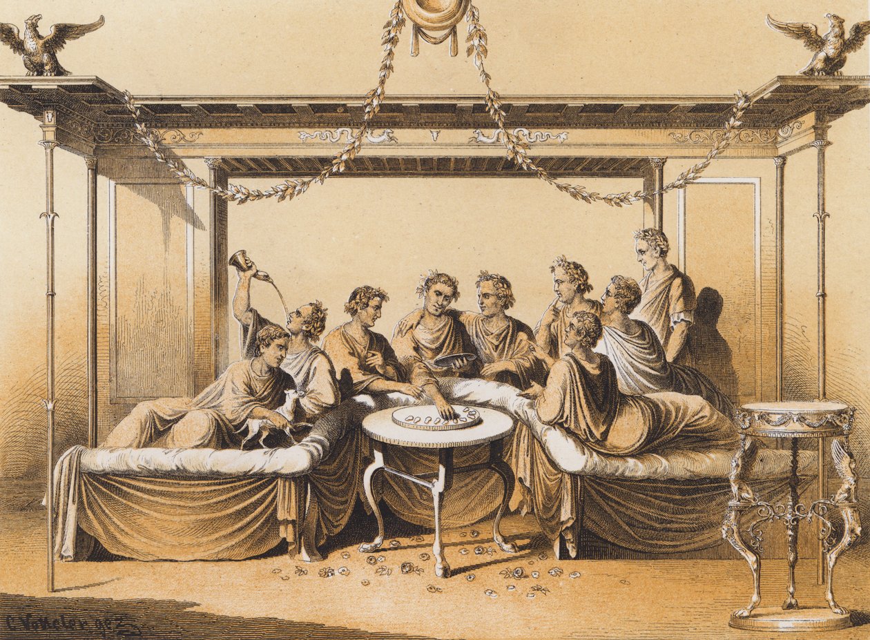 Anciens Romains prenant un repas (lithographie couleur) - German School
