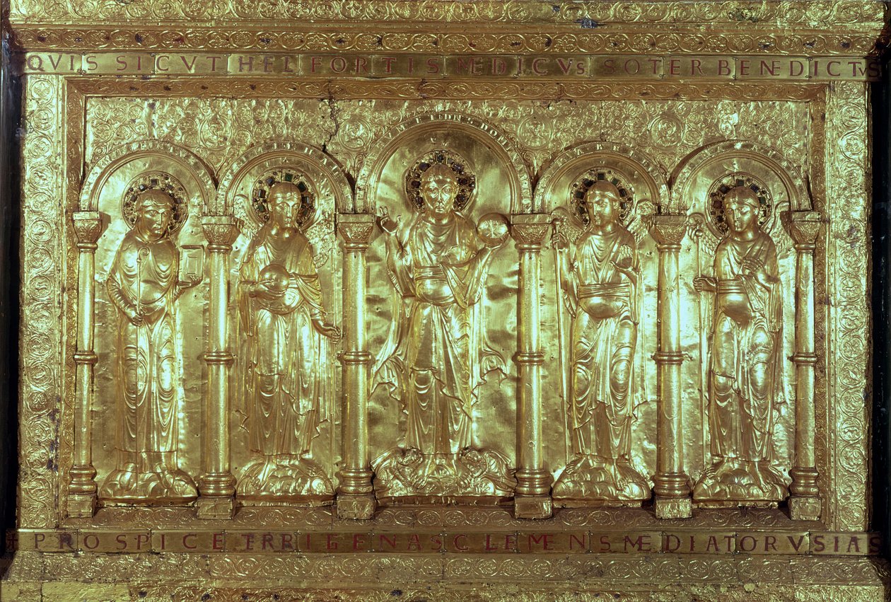 Antependium représentant le Christ avec les donateurs à ses pieds entre les archanges Gabriel, Raphaël et Michel et Saint Benoît - German School