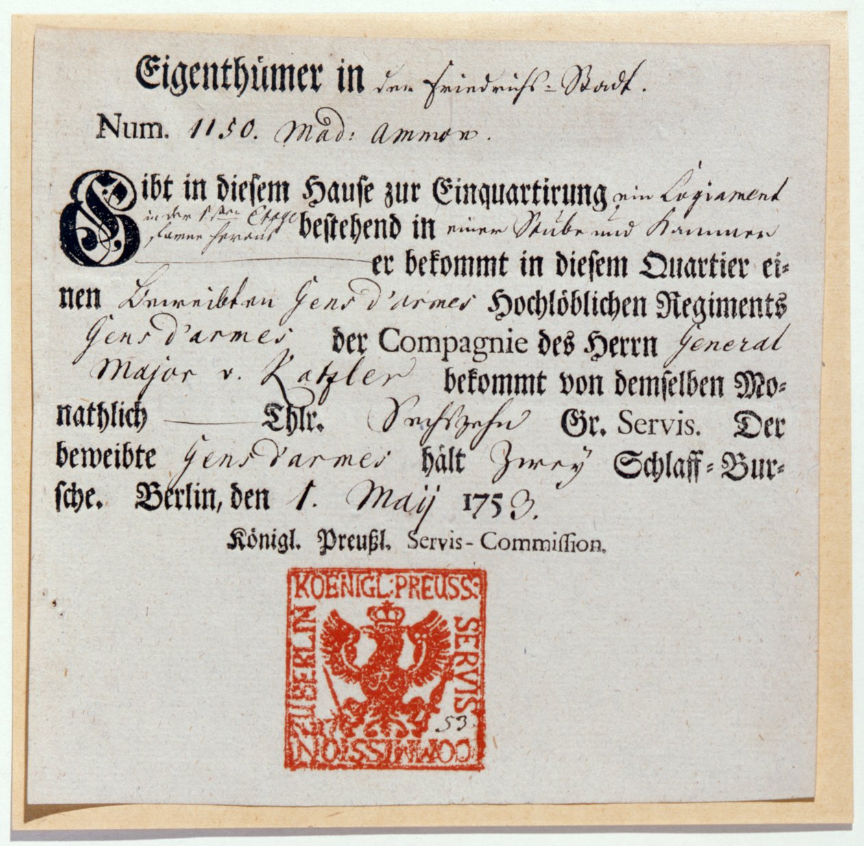 Bon de logement, 1759 - German School