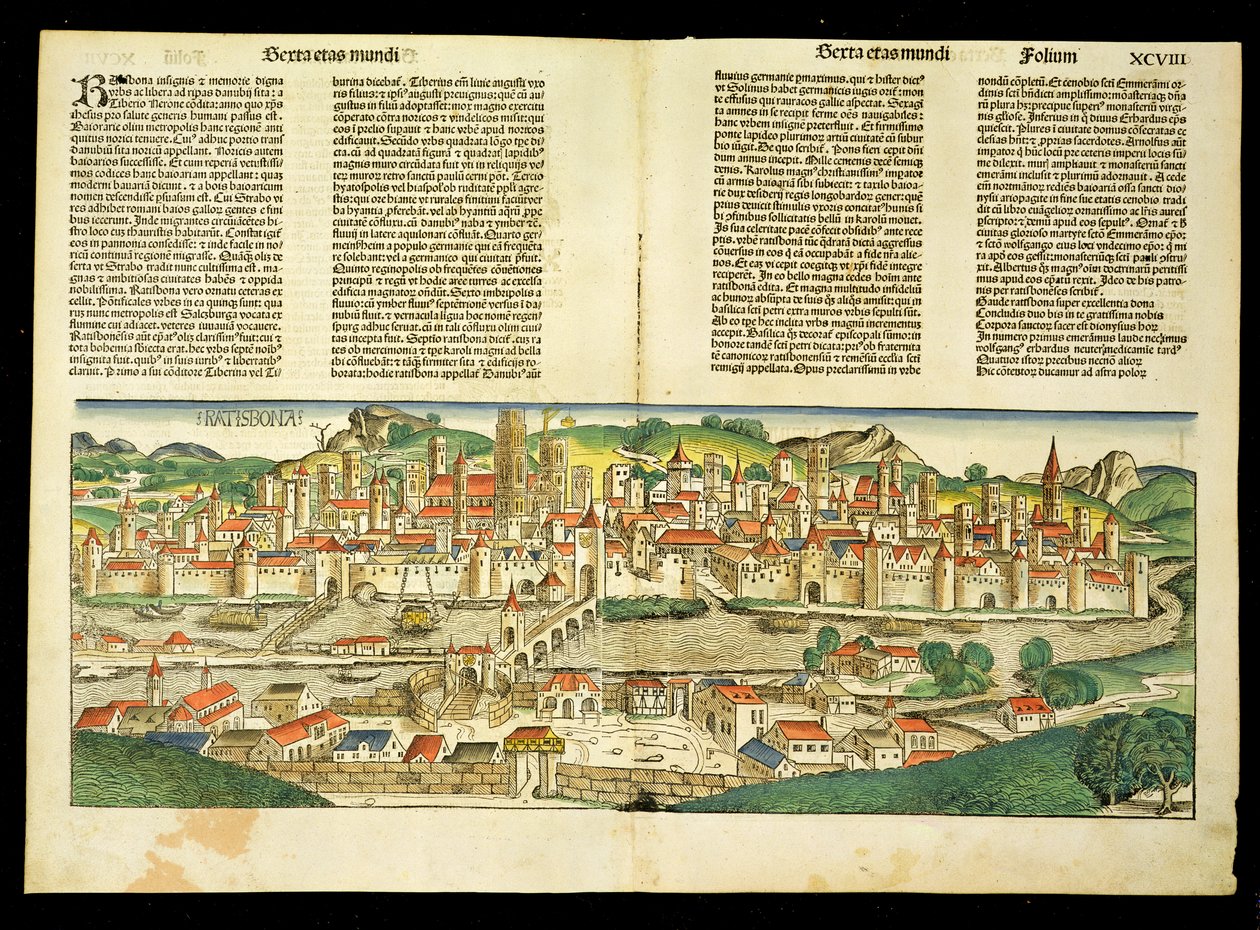 Vue aérienne de Ratisbonne, de la Chronique de Nuremberg par Hartmann Schedel (1440-1514) 1493 - German School