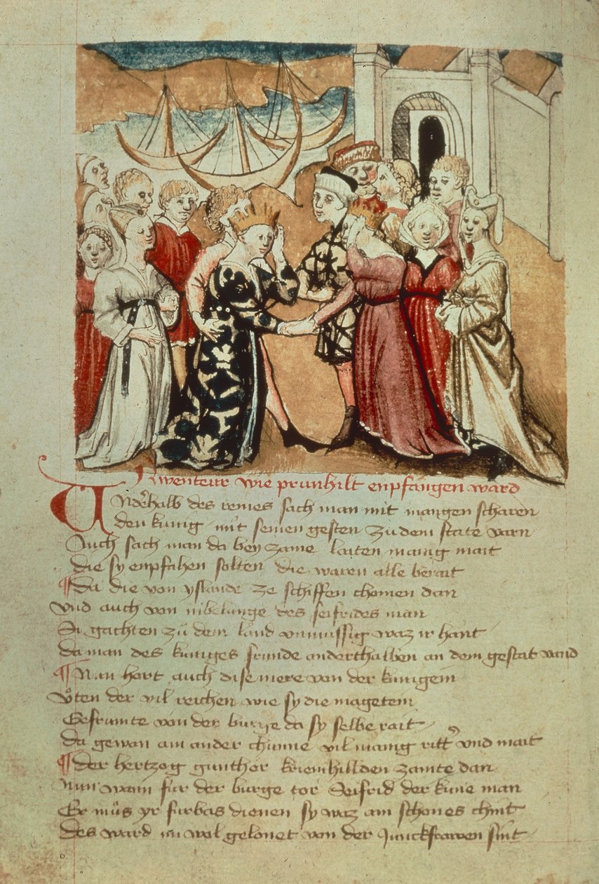 Brunhild entre à Worms; Kriemhild salue Brunhild et Gunther, du 