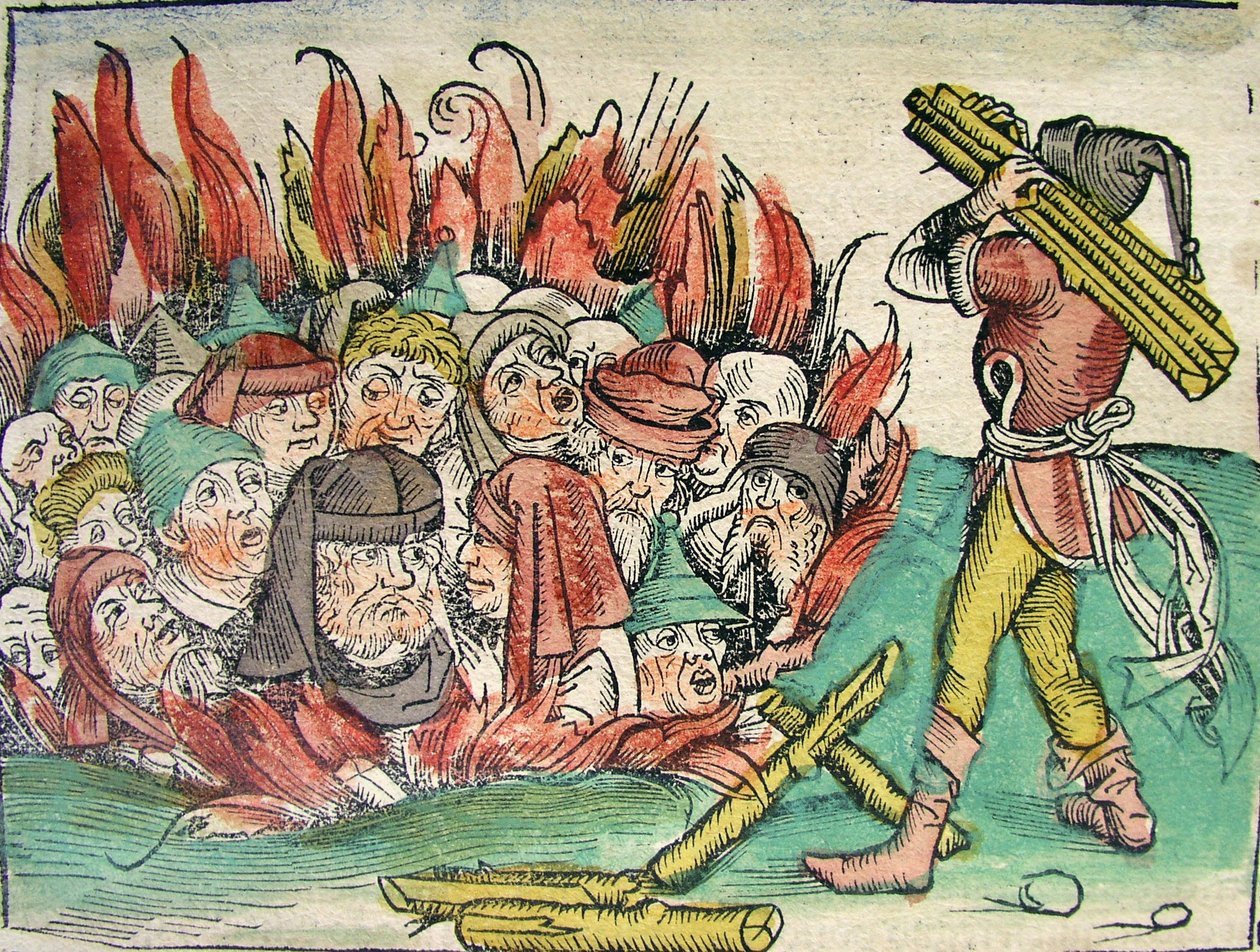 Brûlage des Juifs, publié dans la Chronique de Nuremberg, 1493 - German School