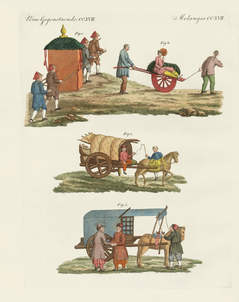 Chariot et mode de voyage en Chine (gravure en couleur) - German School