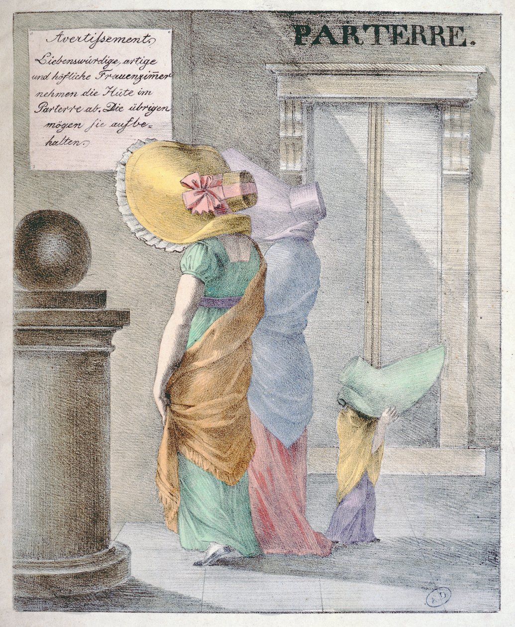 Caricature ridiculisant la mode des dames portant des chapeaux énormes, vers 1820 - German School