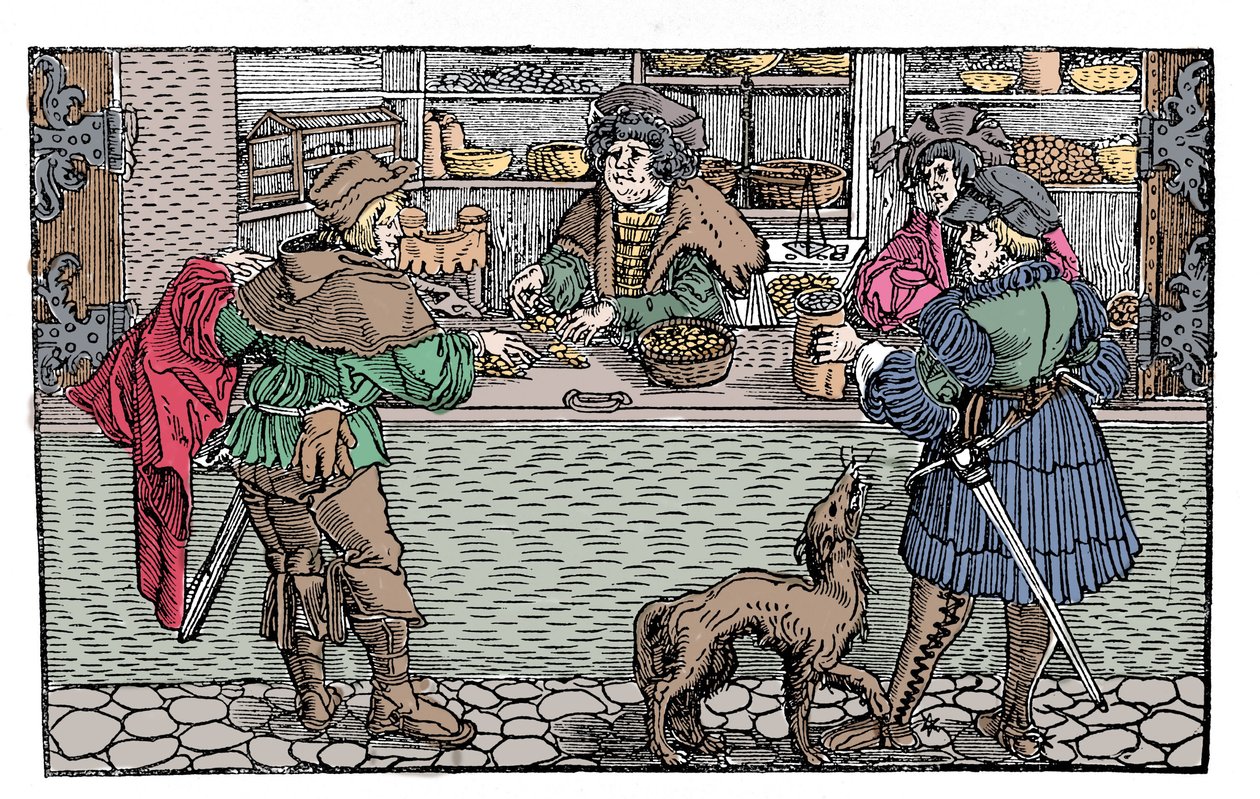 Changeur : troc et échange. Xylographie allemande du XVIe siècle - German School