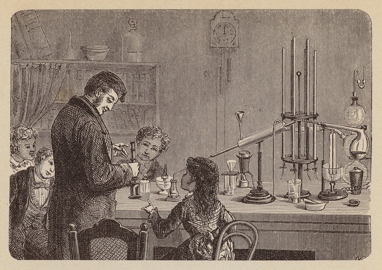 Enfants regardant une expérience scientifique (gravure) - German School