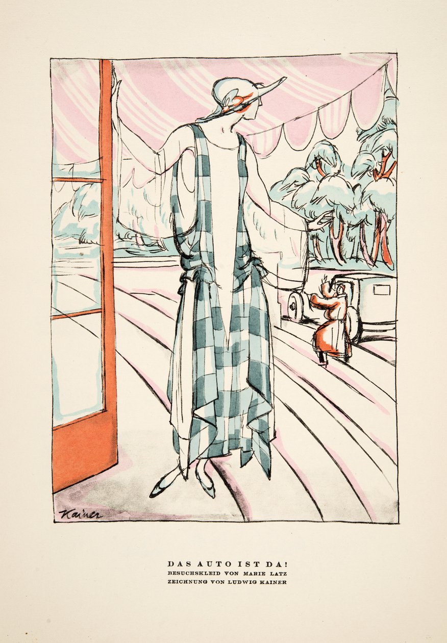 "Das Auto Ist Da !", publicité pour la robe de Marie Latz, tirée de Styl, pub.1922 (impression sur pochoir) - German School