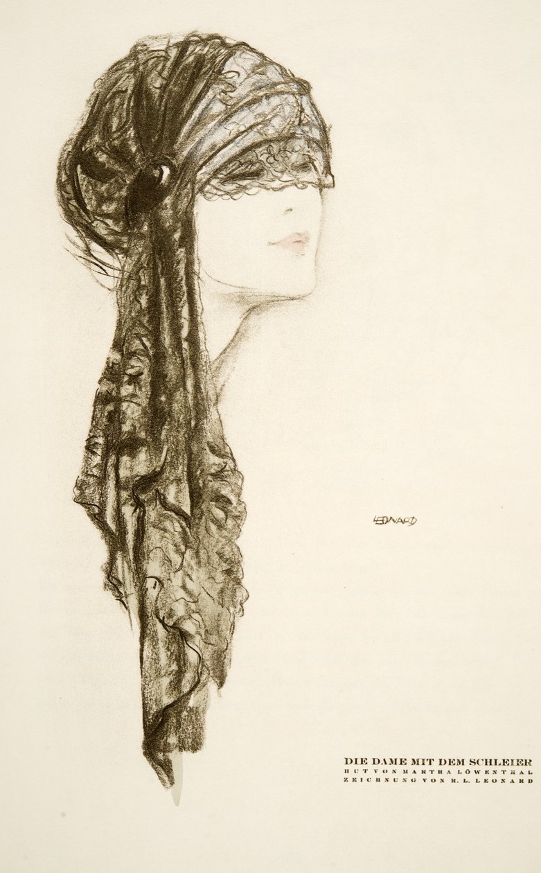 Die Dame mit dem Schleier, chapeau de Martha Lowenthal, tiré de Styl, publié en 1922 (impression sur pochoir). - German School