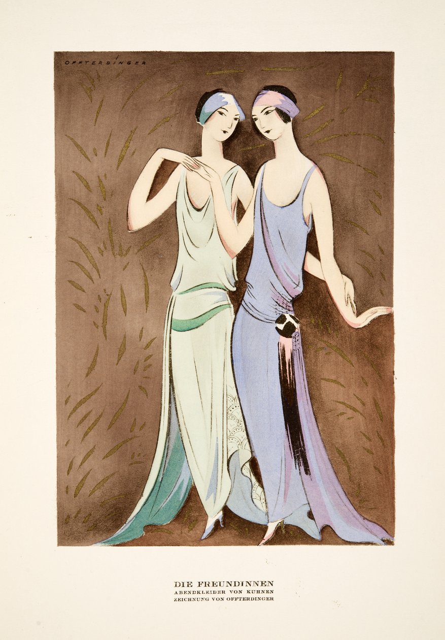 Die Freundinnen, robes de Kuhnen, extraites de Styl, publié en 1922 (impression sur pochoir) - German School