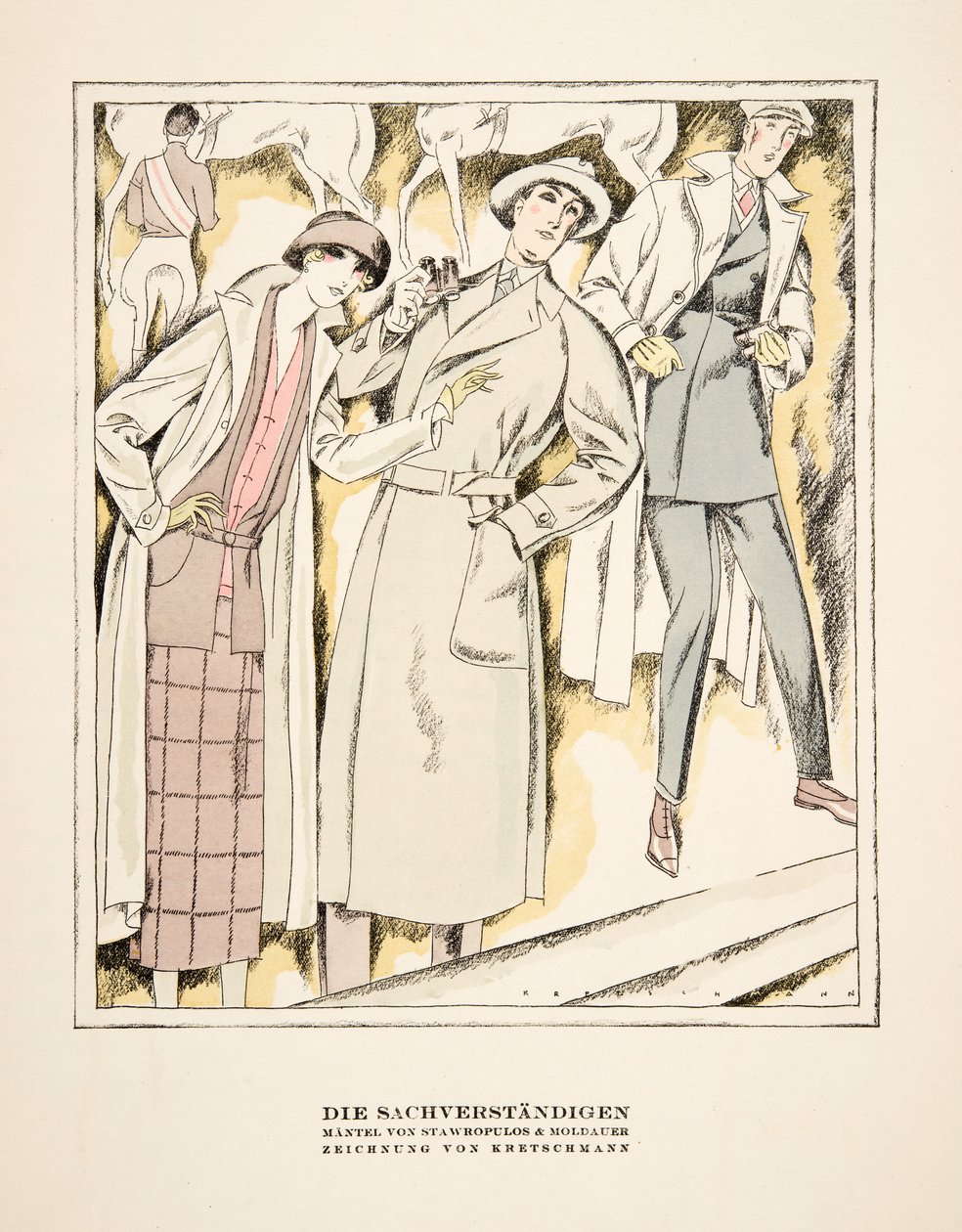 "Die Sachverständigen", publicité pour les manteaux de Stawropulos  Moldauer, tirée de Styl, publié en 1922 (impression sur pochoir). - German School