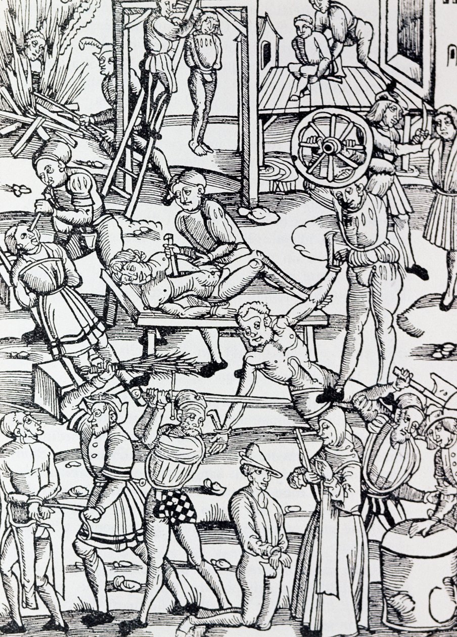Différentes formes de punition utilisées en Allemagne en 1500 pour divers crimes, Gravure, Allemagne - German School