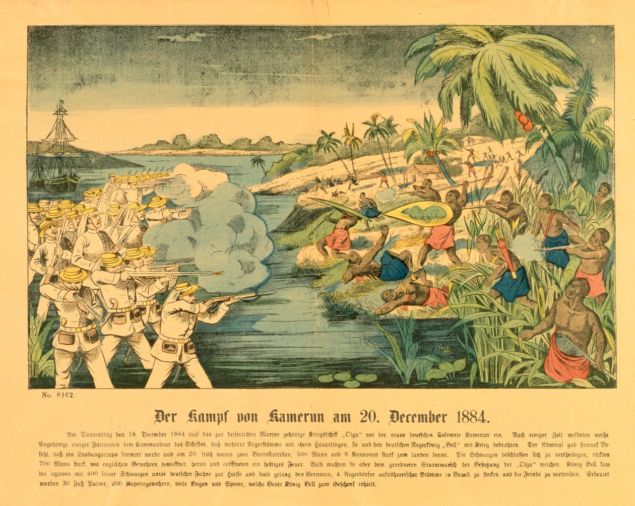 Soulèvement de Douala au Cameroun allemand, avec le SMS Olga en arrière-plan, 20 décembre 1884 - German School