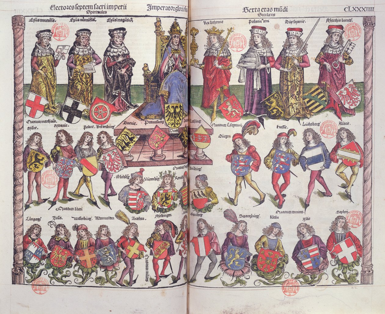 Empereur et électeurs du Saint-Empire romain germanique avec vingt-quatre nobles allemands présentant leurs armoiries - German School