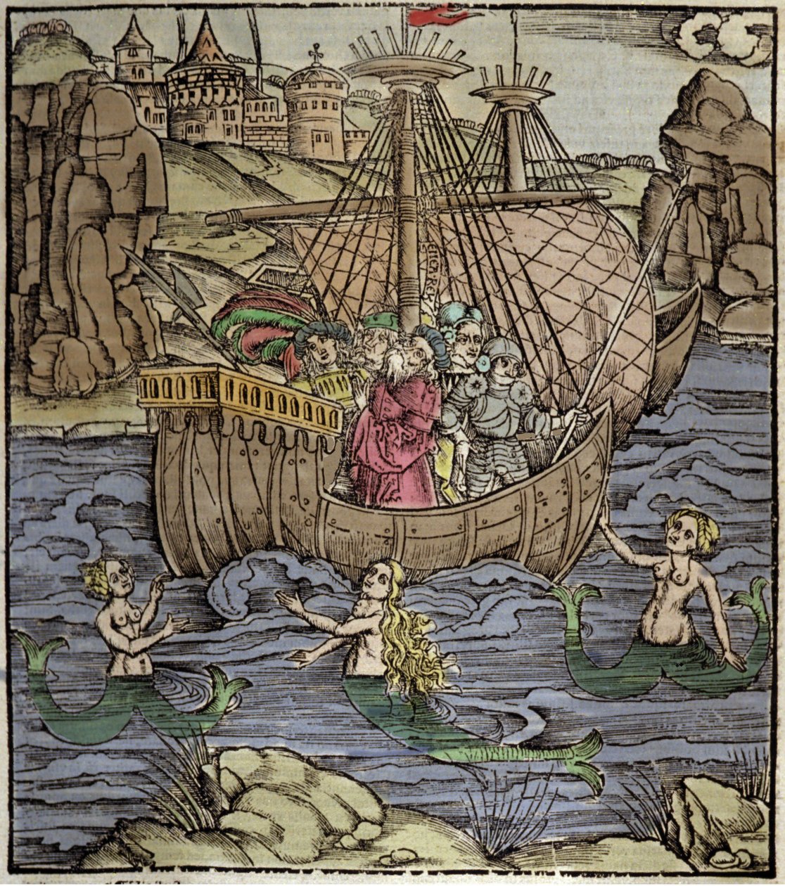 Énéide de Virgile (70 av. J.-C.-19 av. J.-C.), les héros troyens Énée et ses compagnons traversent une mer pleine de sirènes. Xylographie de Sebastian Brant (1458-1521). Strasbourg - German School