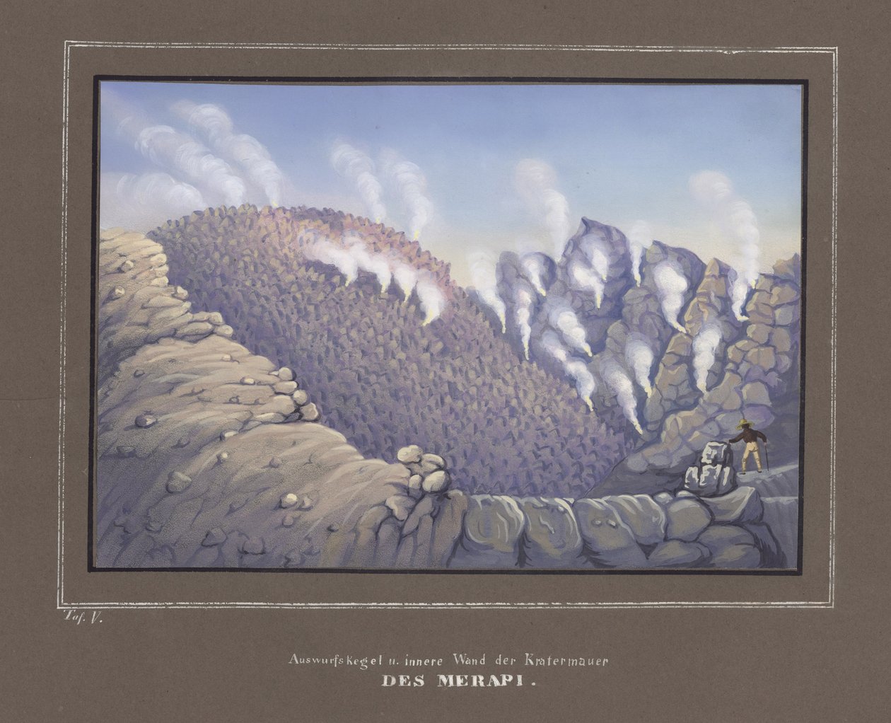 Éruptions et mur intérieur du volcan Merapi, Pl. V de Topographischer und Naturwissenschaftlicher Atlas zur Reise durch Java, par Dr.Fr.Junghuhn, Magdebourg 1845 - German School