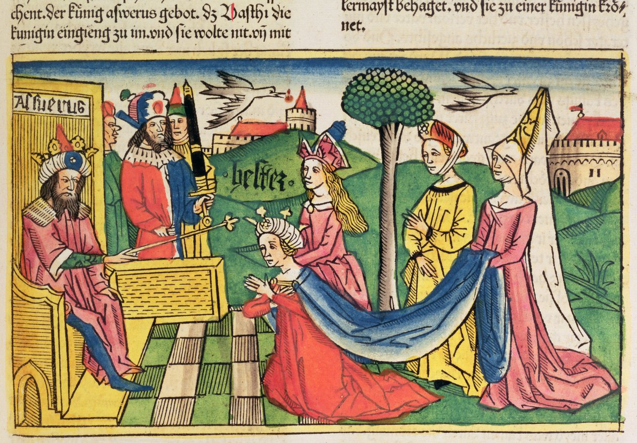 Esther 2:15-18 Esther est choisie pour être reine par le roi perse Assuérus, de la Bible de Nuremberg (Biblia Sacra Germanaica) - German School