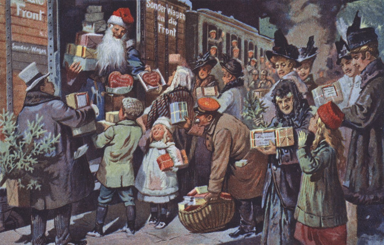 Le Père Noël chargeant des colis contenant des cadeaux dans un train pour les acheminer vers les troupes allemandes au front, Première Guerre mondiale (lithographie couleur) - German School