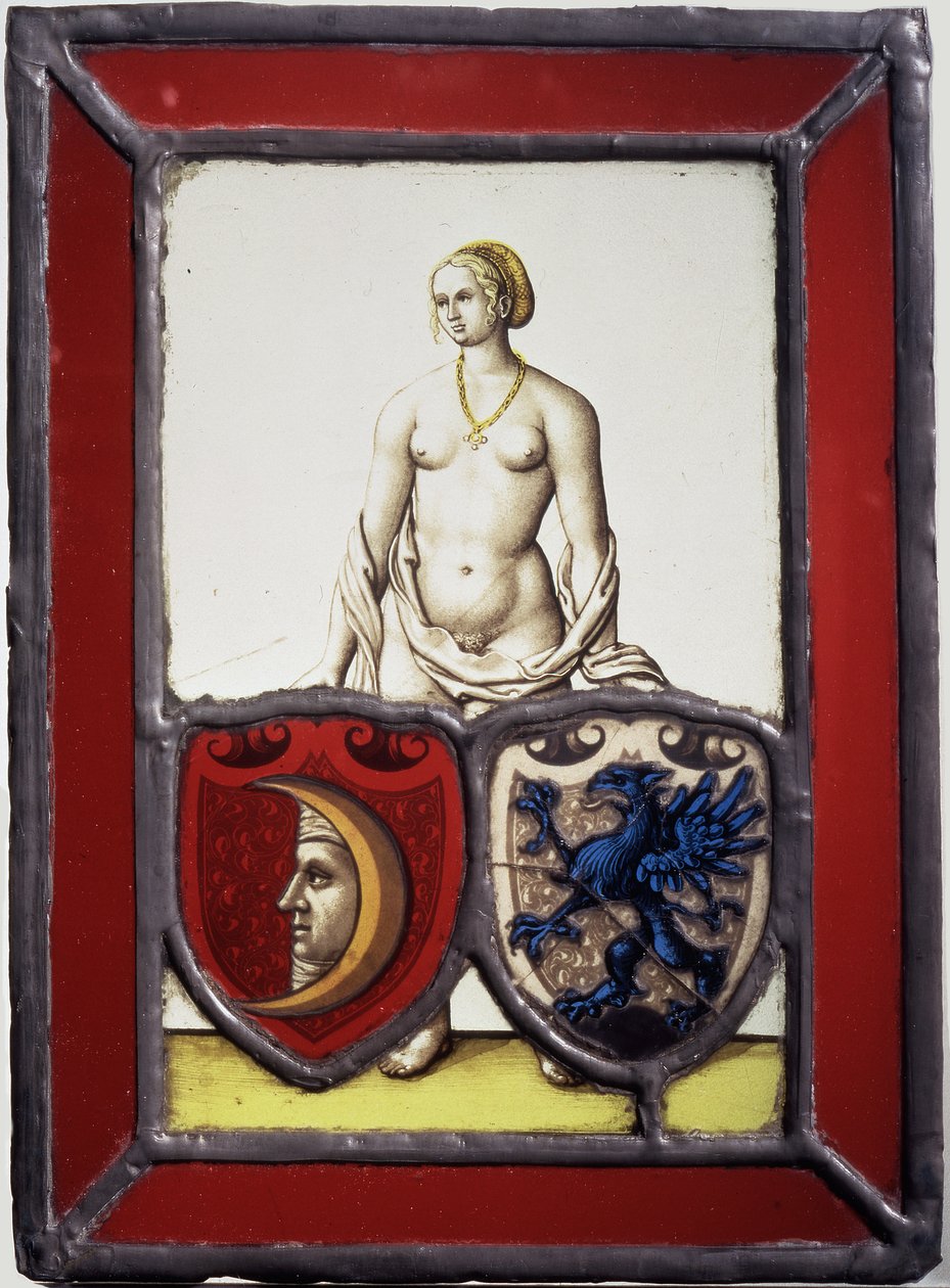 Nu féminin soutenant deux boucliers héraldiques, vers 1535 (pot-métal, verre flashé et transparent, teinture jaune et peinture vitreuse noire) - German School