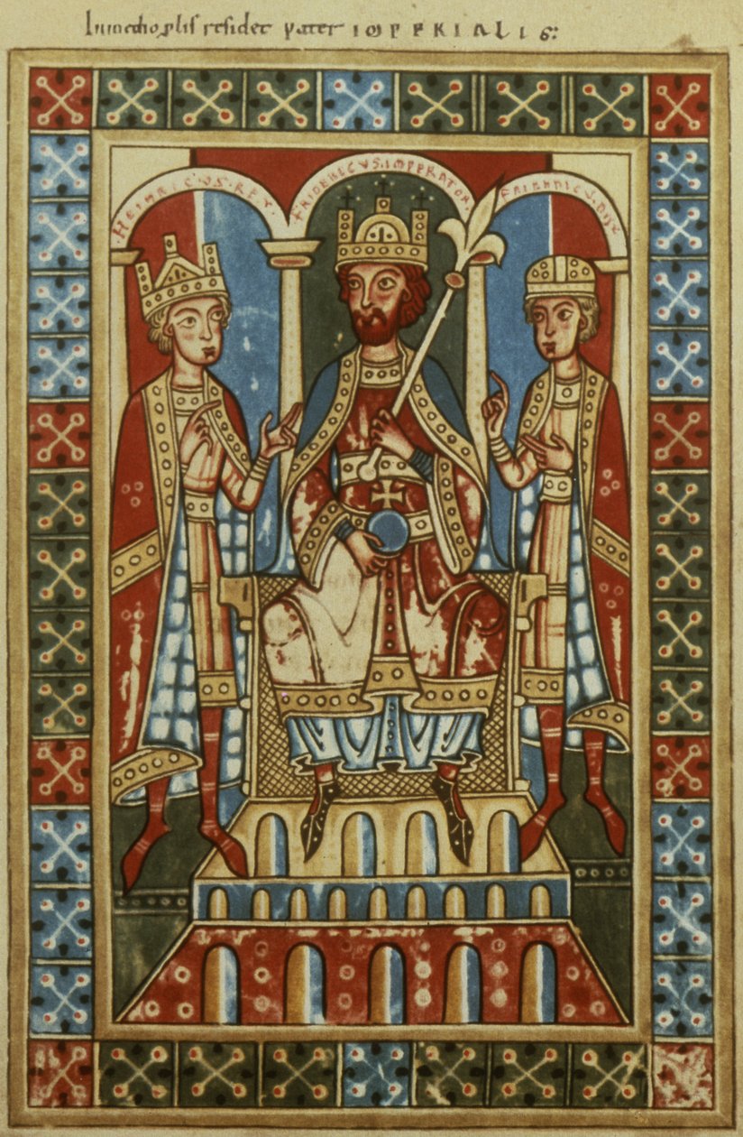 Frédéric Ier avec ses deux fils le roi Henri VI et le duc Frédéric, vers 1180 - German School