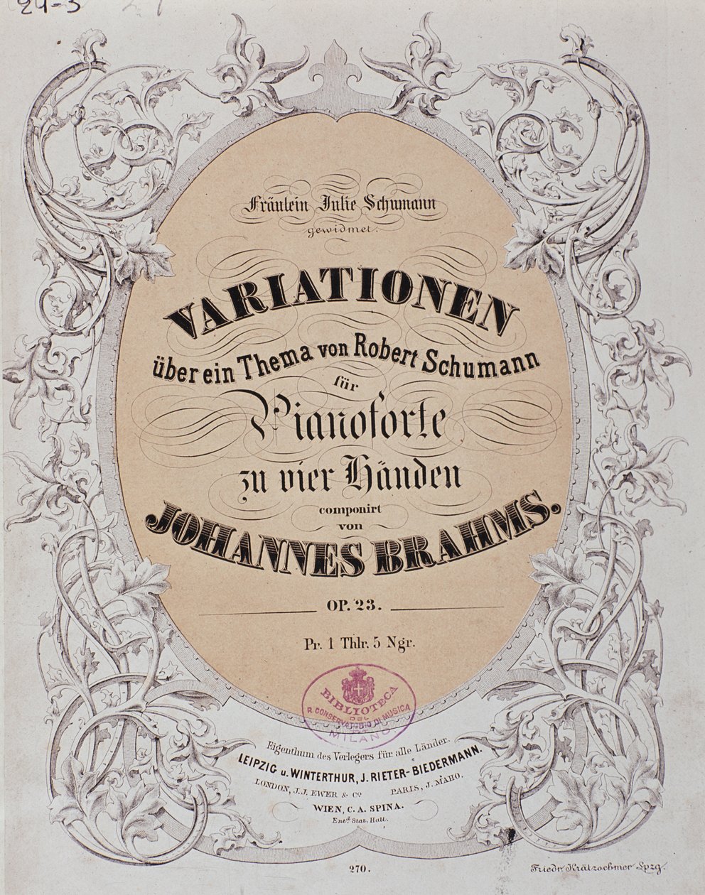 Frontispice de "Variations sur un thème de Robert Schumann" (Op. 23) par Johannes Brahms (1833-1897) - German School