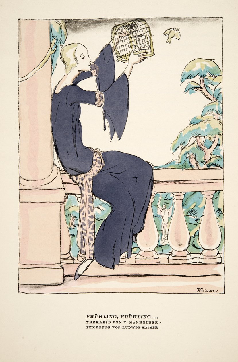 "Frühling, Frühling", publicité pour la robe de thé de V. Manheimer, tirée de Styl, pub.1922 (impression sur pochoir) - German School