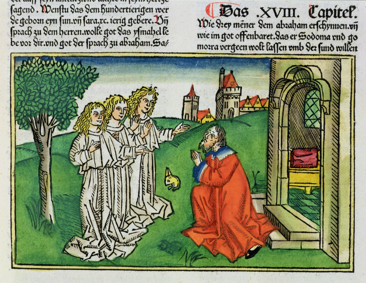 Genèse 18:2 Abraham et les Trois Anges, de la Bible de Nuremberg (Biblia Sacra Germanaica) - German School
