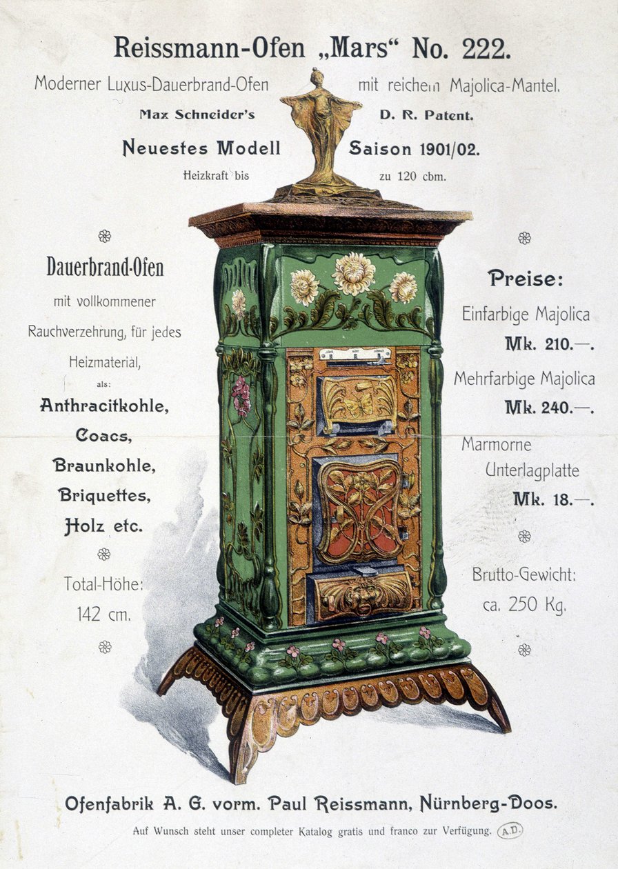 Publicité allemande pour une chaudière de style art nouveau, fin du 19e siècle - German School