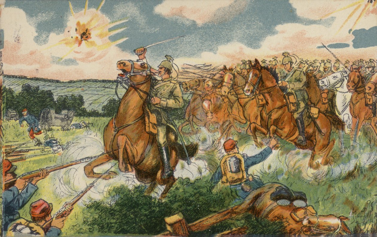 Cavalerie allemande sous le commandement du prince héritier Wilhelm attaquant les troupes françaises près de Longwy, France, Première Guerre mondiale. - German School