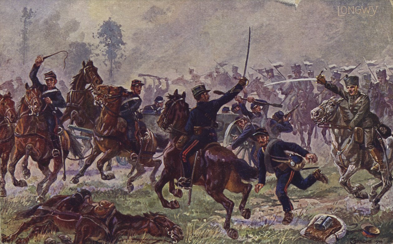 Hussards allemands capturant les canons français à Longwy, Première Guerre mondiale, 22 août 1914 (lithographie couleur) - German School