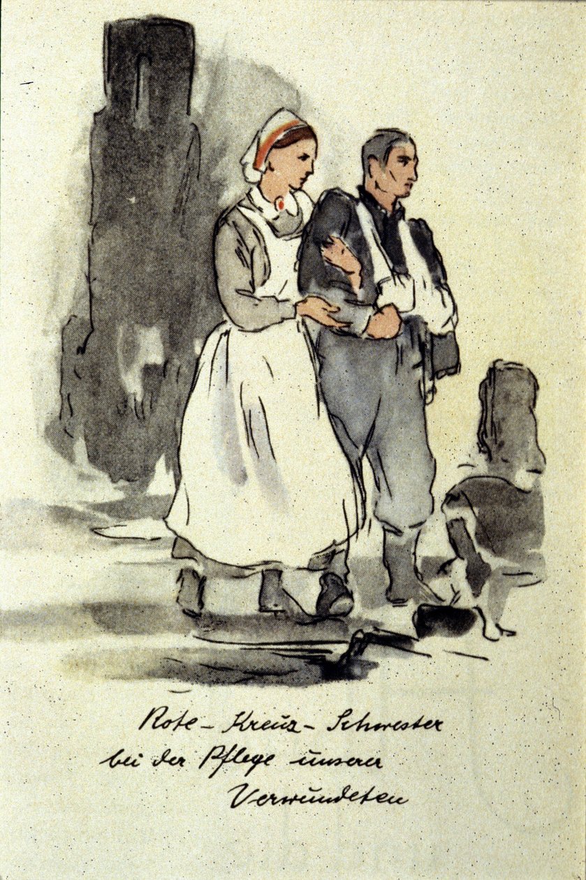 Infirmière allemande soutenant un homme blessé. 1942. - German School