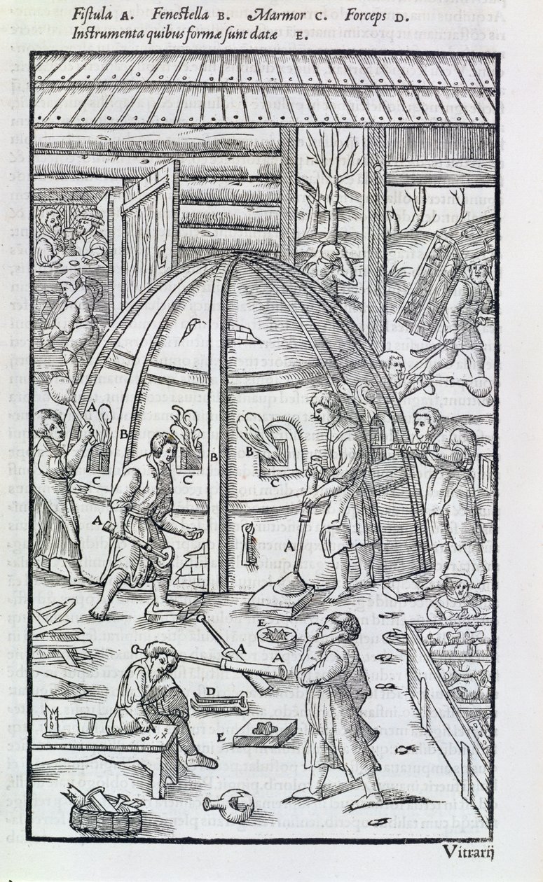 Travail du verre, illustration montrant le four à marbre et les souffleurs de verre - German School