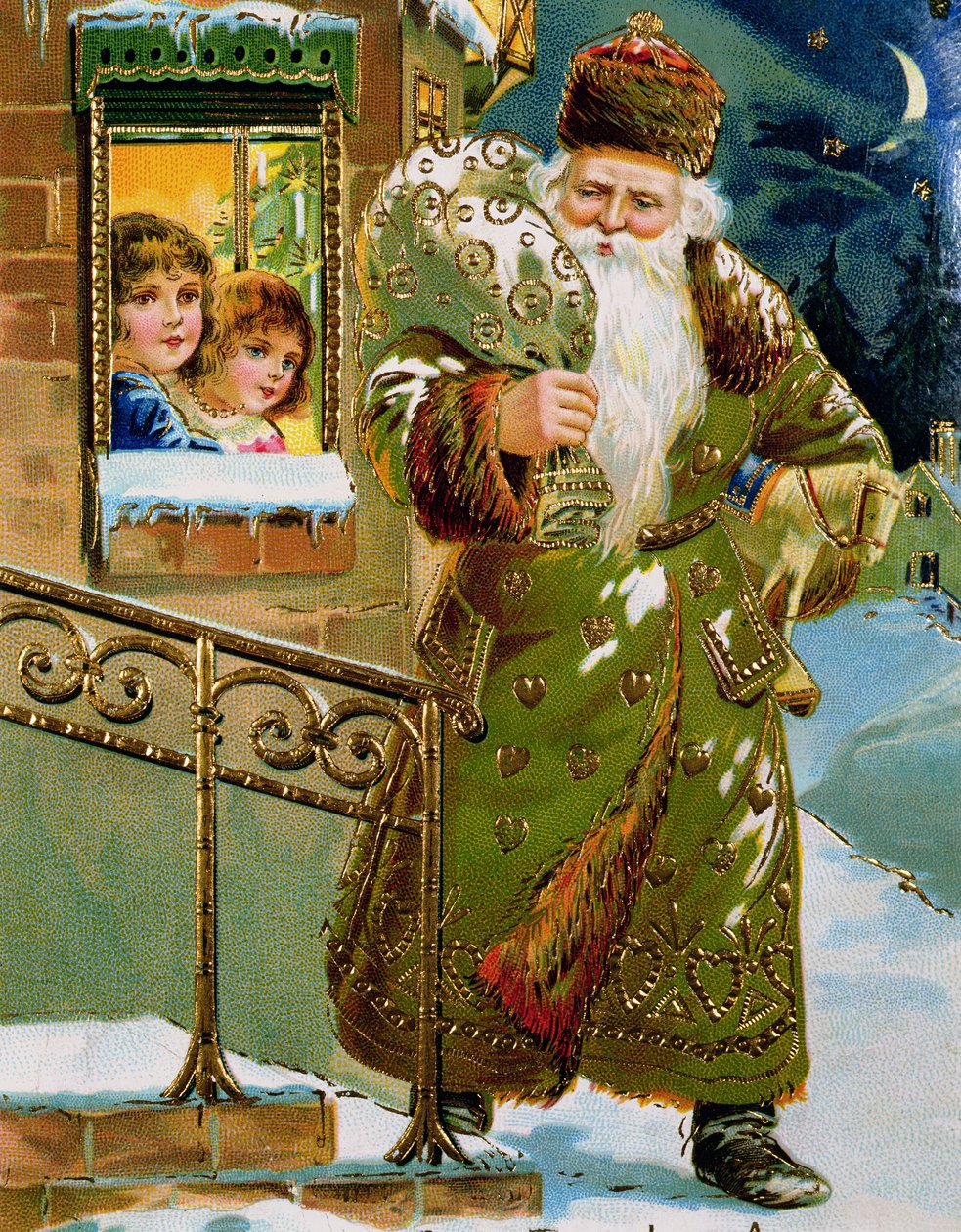 Père Noël à la robe verte, carte allemande, vers 1900 (impression) - German School